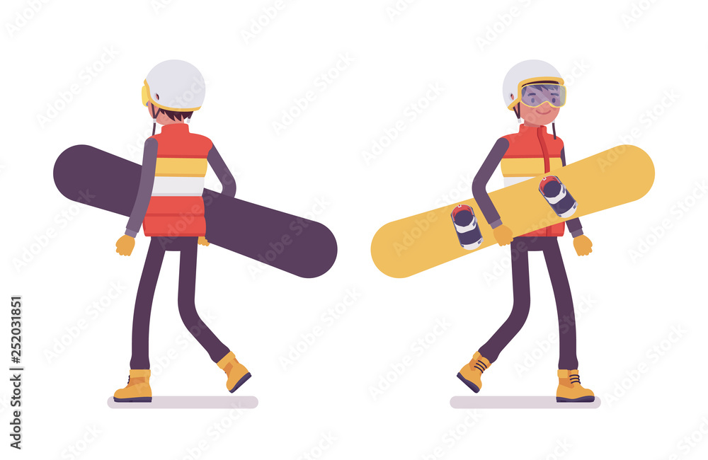 Sporty man carrying snowboard equipment, winter outdoor activities on ski resort. Guy having active holiday, wintertime tourism, fun. Vector flat style cartoon illustration isolated, white background Sporty man carrying snowboard equipment, winter outdoor activities on ski resort. Guy having active holiday, wintertime tourism, fun. Vector flat style cartoon illustration isolated, white background