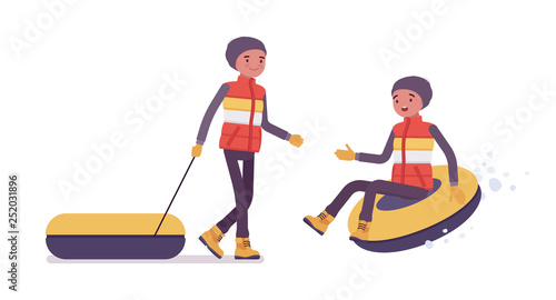 Sporty man tubing, enjoys winter outdoor activities on ski resort. Guy having fun, active holiday, wintertime tourism and recreation. Vector flat style cartoon illustration isolated, white background