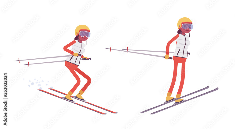 Sporty woman ski jumping, enjoys winter outdoor activities on resort. Girl having active holiday, wintertime tourism and recreation. Vector flat style cartoon illustration isolated on white background