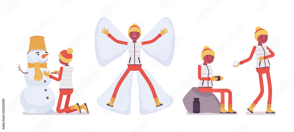 Obraz premium Young woman enjoys winter outdoor activities, fun on ski resort. Happy girl having active holiday, wintertime tourism and recreation. Vector flat style cartoon illustration isolated, white background