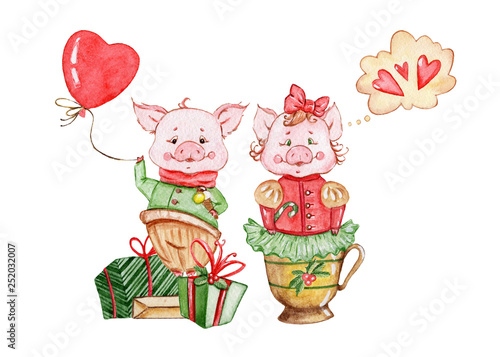 Watercolor cute pigs characters. Cartoon little piggy illustrations perfect for card making  birthday invitations and baby nursery design.