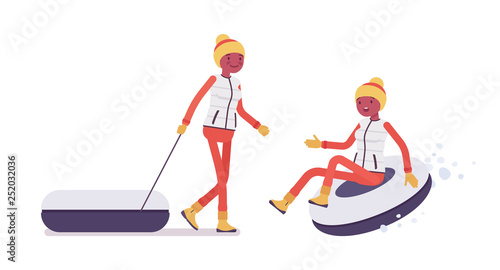 Sporty woman tubing, enjoys winter outdoor activities on ski resort. Girl having fun, active holiday, wintertime tourism, recreation. Vector flat style cartoon illustration isolated, white background