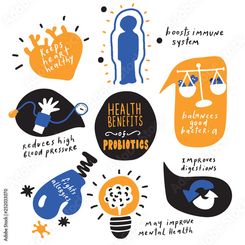 Health benefits of probiotics. Hand drawn infographic poster. Vector. Doodles.