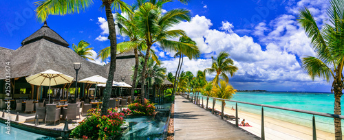 Relaxing  bar in palm shade and pool bnear the beach. tropical paradise Mauritius island