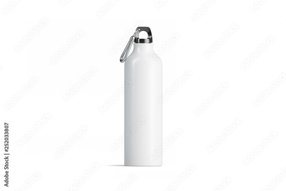 Blank white metal sport bottle mockup, isolated, front view,3d rendering. Empty aluminum can with clip mock up. Clear trip container with liquid. Fitness or tourism flask template. Blank white metal sport bottle mockup, isolated, front view,3d rendering. Empty aluminum can with clip mock up. Clear trip container with liquid. Fitness or tourism flask template.