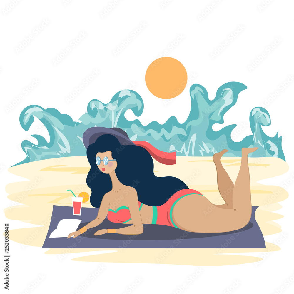 A girl in a bathing suit runs on the beach in a bright sun. Illustration in flat style.