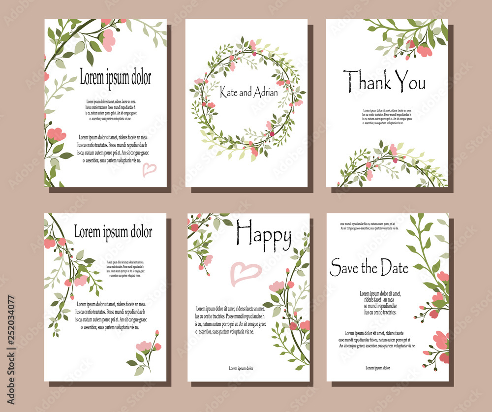Set of botanical vector cards. Template for invitation. Leaves and flowers