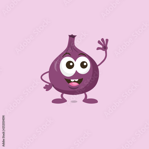 Illustration of cute happy fig mascot greeting someone with big smile isolated on light background. Flat design style for your mascot branding.