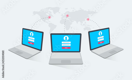 Laptop computers in different angles with login page on screens and world map in the background. Modern flat design graphic elements.