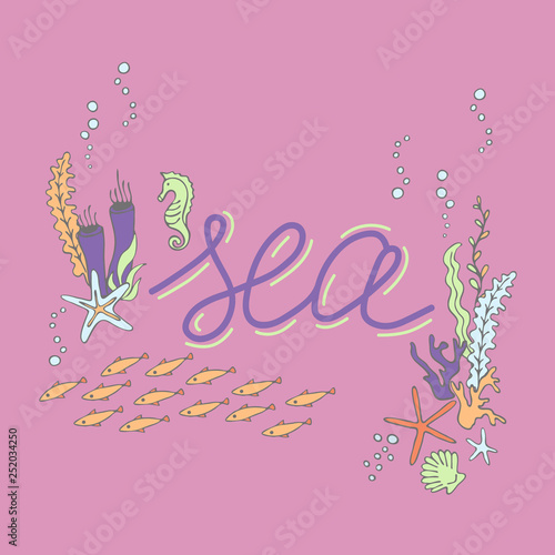 Set with hand drawn sea inhabitants elements. Vector doodle cartoon set of marine life objects for your design.