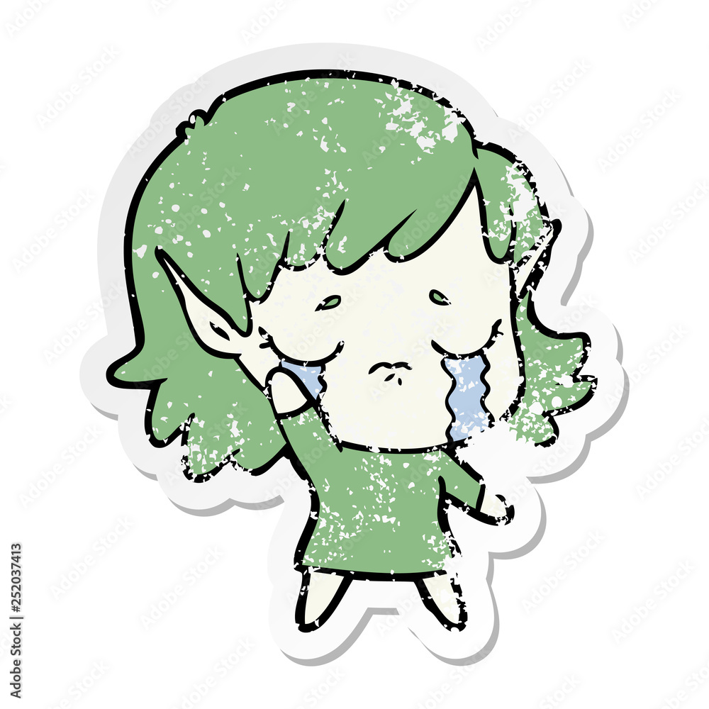 distressed sticker of a cartoon crying elf girl distressed sticker of a cartoon crying elf girl