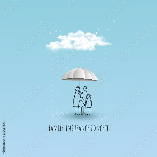 Life and family insurance concept. Rainy  over the family. Vector illustration.