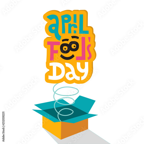 Illustration Celebrating April Fools' Day.Lettering quote April fools day springing out of box. jack in the box toy,Unique first april day slogan stylized typography.Funny card for party, social media