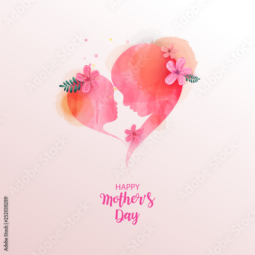 Double exposure illustration. Side view of Happy mom with daughter silhouette plus abstract water color painted. Mother's day. Digital art painting.