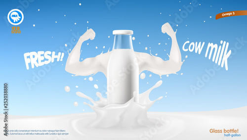 Realistic Transparent Clear Milk Bottle Advertising Template
