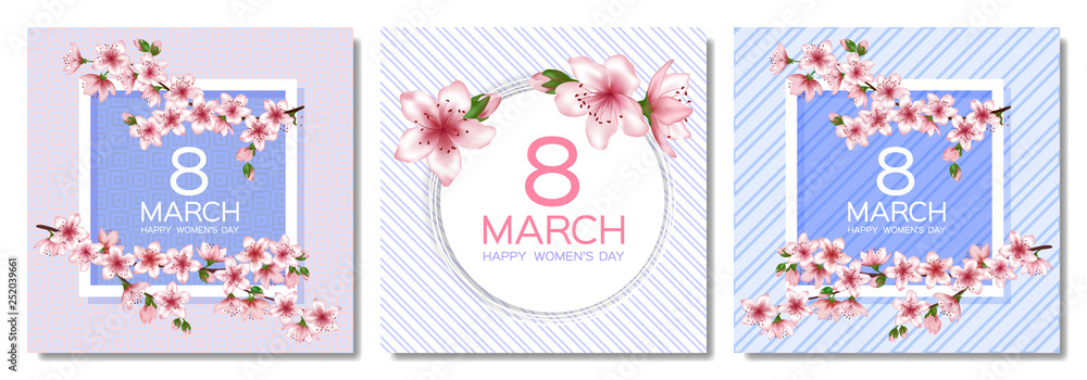 8 March Happy Women's Day vector cards set.