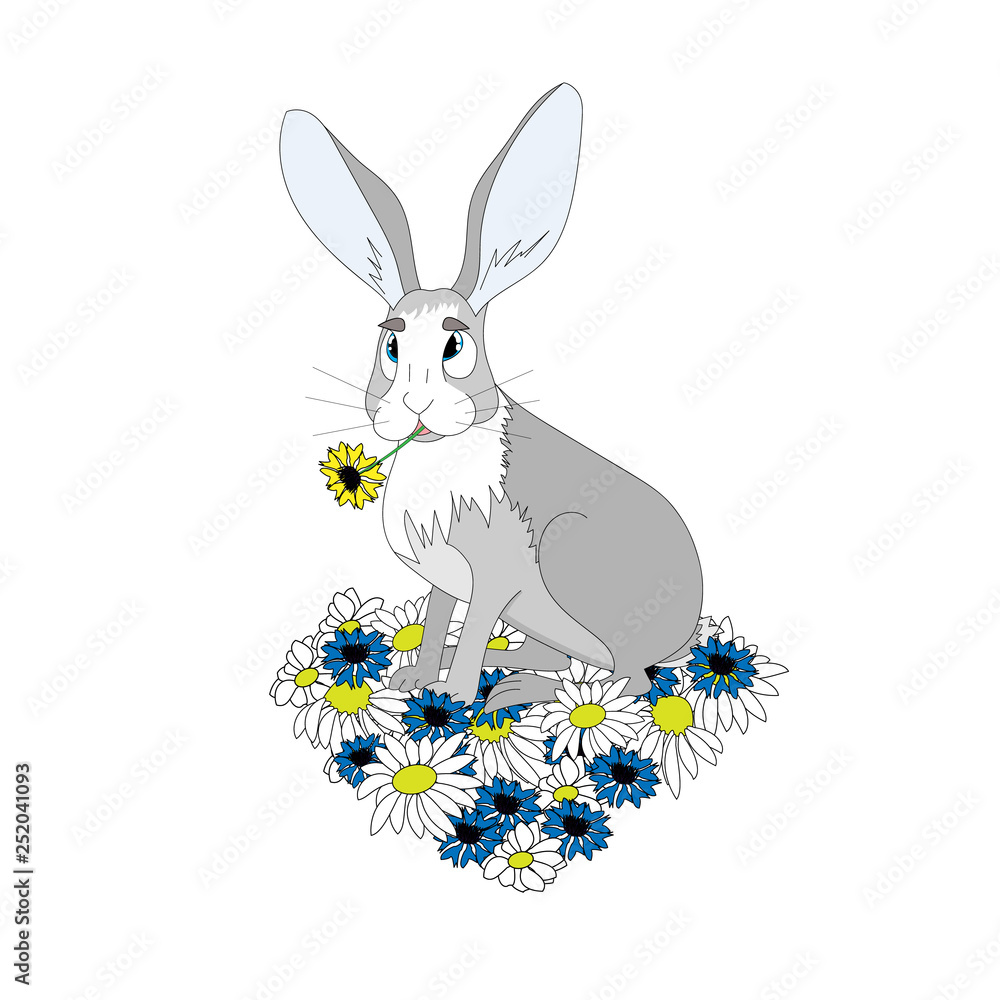 Fototapeta premium Rabbit with a flower in its mouth sitting on a heart-shaped field of flowers.