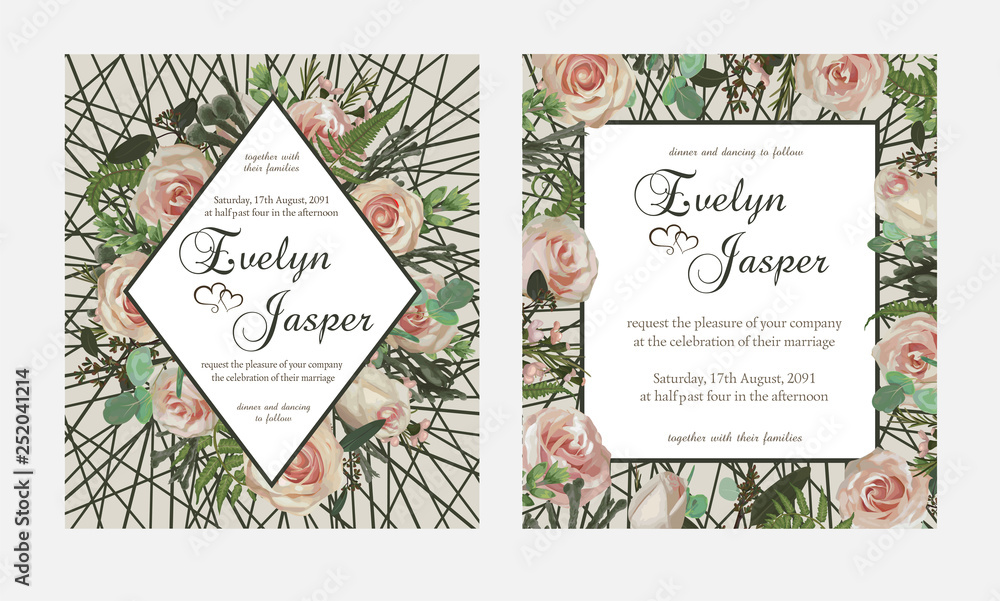 Set for wedding invitation, greeting card, save date, banner. Flowers, leafs, boxwood, brunia and eucalyptus, pink rose. Background of the grid and lines frame. Vector template