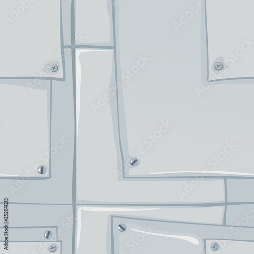 Seamless cartoon metal texture. Sheet steel wall with sloppy patches.The inner sheathing of a spacecraft or industrial building. Vector image