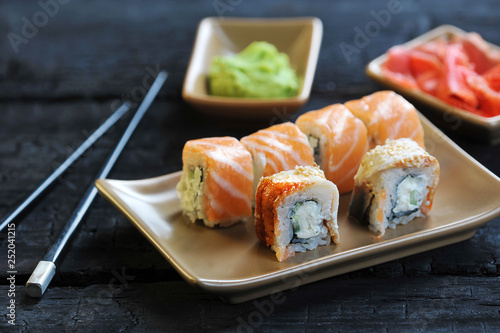 Japanese cuisine-sushi with salmon with wasabi and ginger