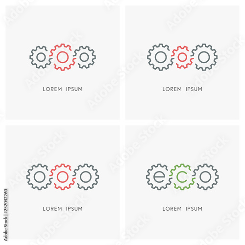 Gear wheel logo set. Pinions and toothing symbol - mechanics and mechanical engineering, industry and equipment, leadership, teamwork and cooperation, eco and ecology vector icons.
