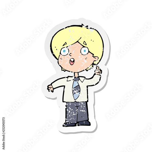 retro distressed sticker of a cartoon schoolboy answering question