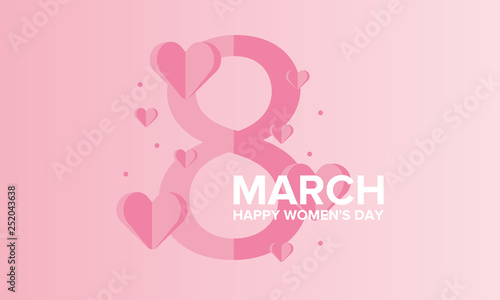 Happy Women’s Day. International holiday of female solidarity, which is celebrated on March 8. Beautiful inscription decorated with bright hearts. Poster, banner and background
