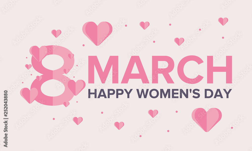 Happy Women’s Day. International holiday of female solidarity, which is celebrated on March 8. Beautiful inscription decorated with bright hearts. Poster, banner and background