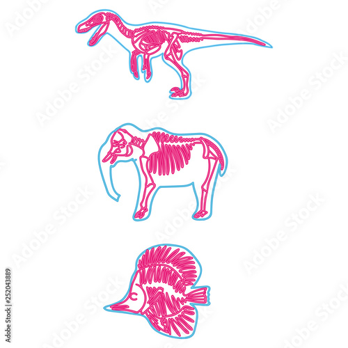 Velociraptor, elephant, fish vector light neon skeleton illustration. Fossil cartoon motif set. Hand drawn glowing bright animal skull elements.