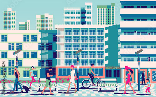 Summer cityscape with people in the foreground and modern buildings in the background