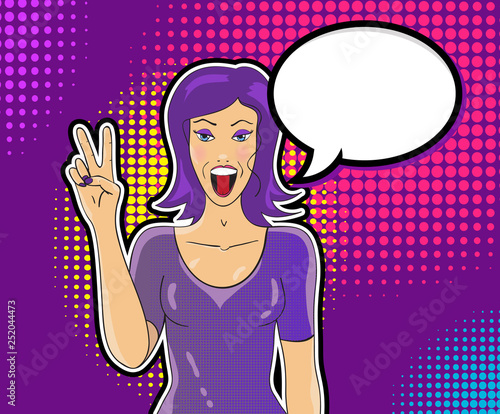 Pop art smiling woman showing victory sign with speech bubble