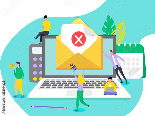Concept envelope with rejected letter, unsubscribe, college rejected admission or employment for web, banner, presentation, social media, documents, cards, posters. Vector concept of red x mark