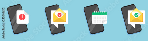 Set of flat email notification on smartphone. Sms icon or mail message reminder mailing on mobile phone or electronic newsletter. Concept of alert message mobile notification.