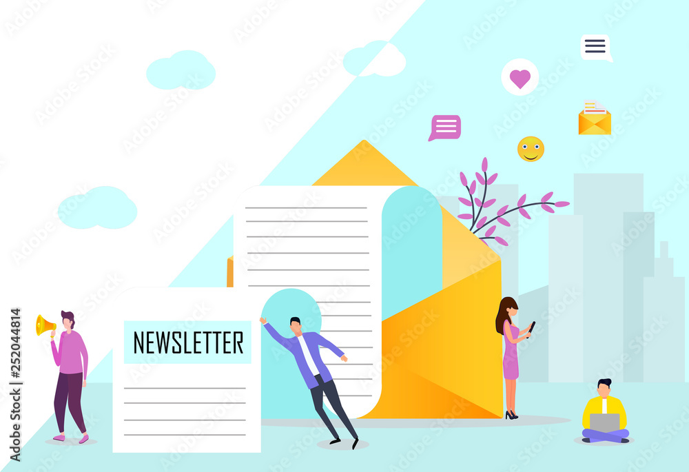 Template for social media, global message service, email subscribe vector concept, email marketing system, people use smartphone and subscribe and received newsletter.