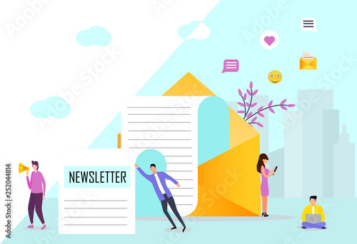 Template for social media, global message service, email subscribe vector concept, email marketing system, people use smartphone and subscribe and received newsletter.