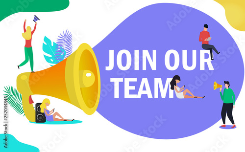 Group of people shouting on megaphone with join our team word vector  concept, it can be used for landing page, template, ui, mobile app, websites, poster, banner, flyer.