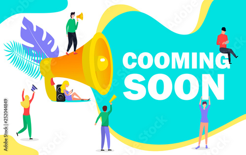 Group of people shouting on megaphone with coming soon word of vector modern concept, it can be used for landing page, template, ui, mobile app, websites, poster, banner, flyer.