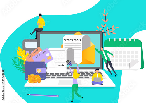 Tiny people recieve credit report, people analysis calculate vector concept, it can be used for landing page, template, ui, mobile app, websites, poster, banner, flyer.
