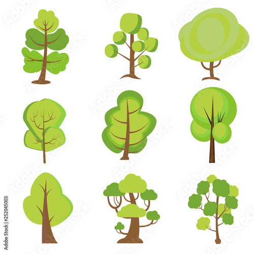 Set of cartoon trees. Green plants with for vegetation spring and summer backyard landscape wood plant. Nature forest lumber tree park vector isolated icons