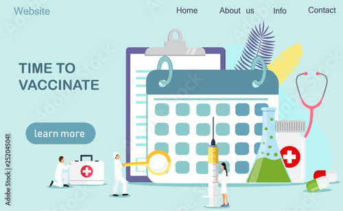 Time to vaccinate. Vector illustration syringe with vaccine, bottle, vaccination calendar and doctors. Modern vector illustration concepts for website and mobile website development, apps is presented