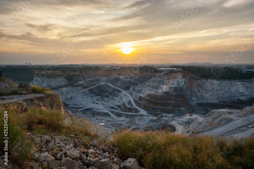 Aerial view of quarry at sunset.