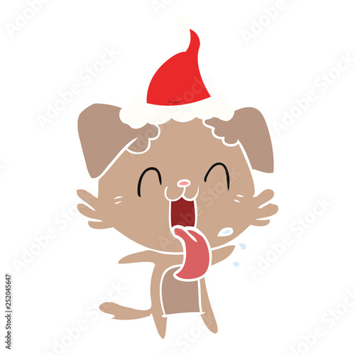 flat color illustration of a panting dog wearing santa hat