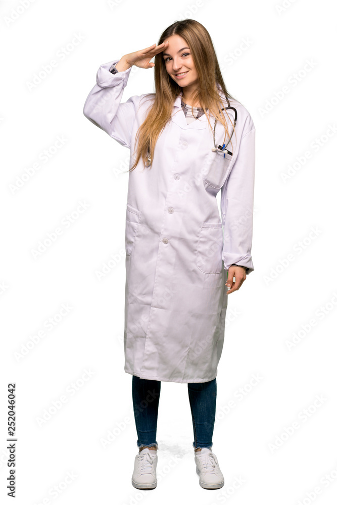 Full body Young doctor woman saluting with hand on isolated background Full body Young doctor woman saluting with hand on isolated background