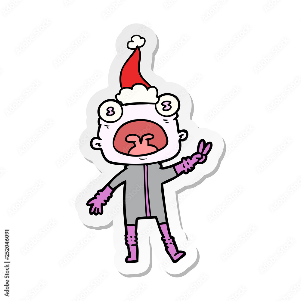sticker cartoon of a weird alien waving wearing santa hat sticker cartoon of a weird alien waving wearing santa hat