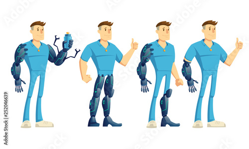 Disabled man with hand, leg robotic prosthesis showing thumbs up, holding water bottle cartoon vector illustration set isolated on white background. Human cybernetization concept characters collection
