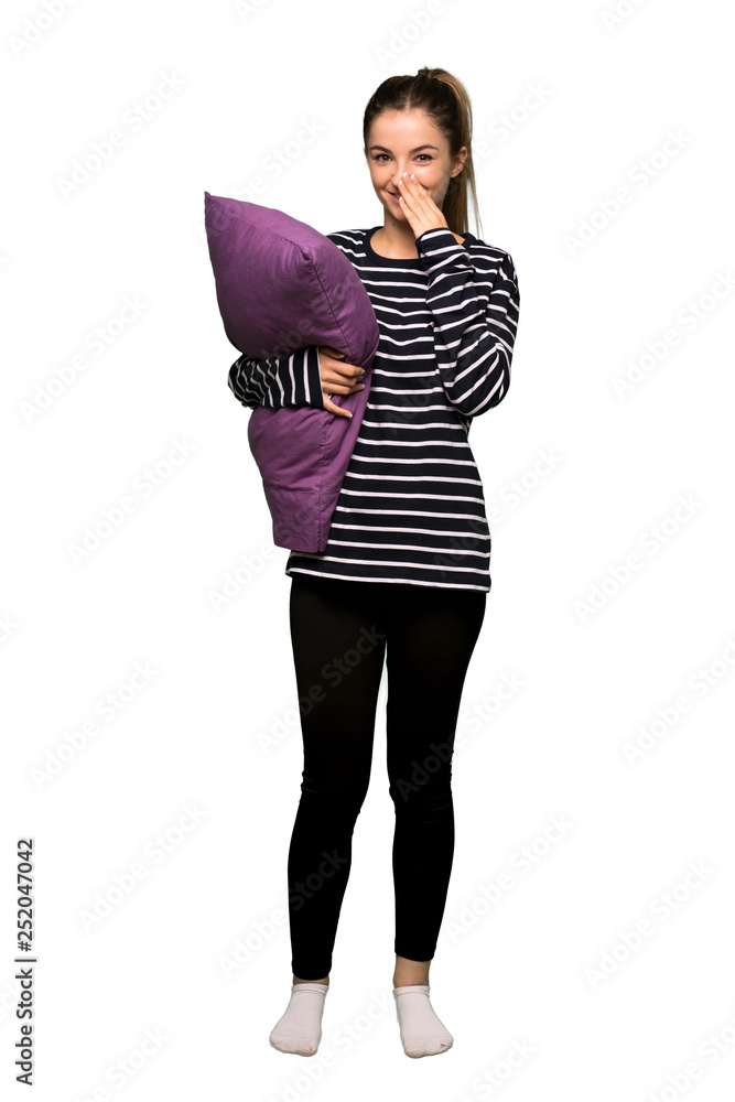 Full body Pretty woman in pajamas smiling a lot while covering mouth on isolated background Full body Pretty woman in pajamas smiling a lot while covering mouth on isolated background