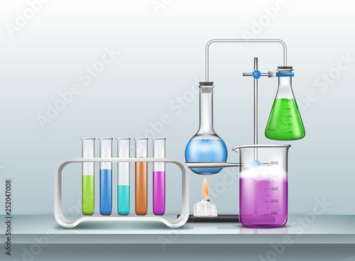 Chemical, biology research experiment or test 3d realistic vector with laboratory graduated glassware filled with color reagents, lab flasks connected with pipe, heating by alcohol burner illustration