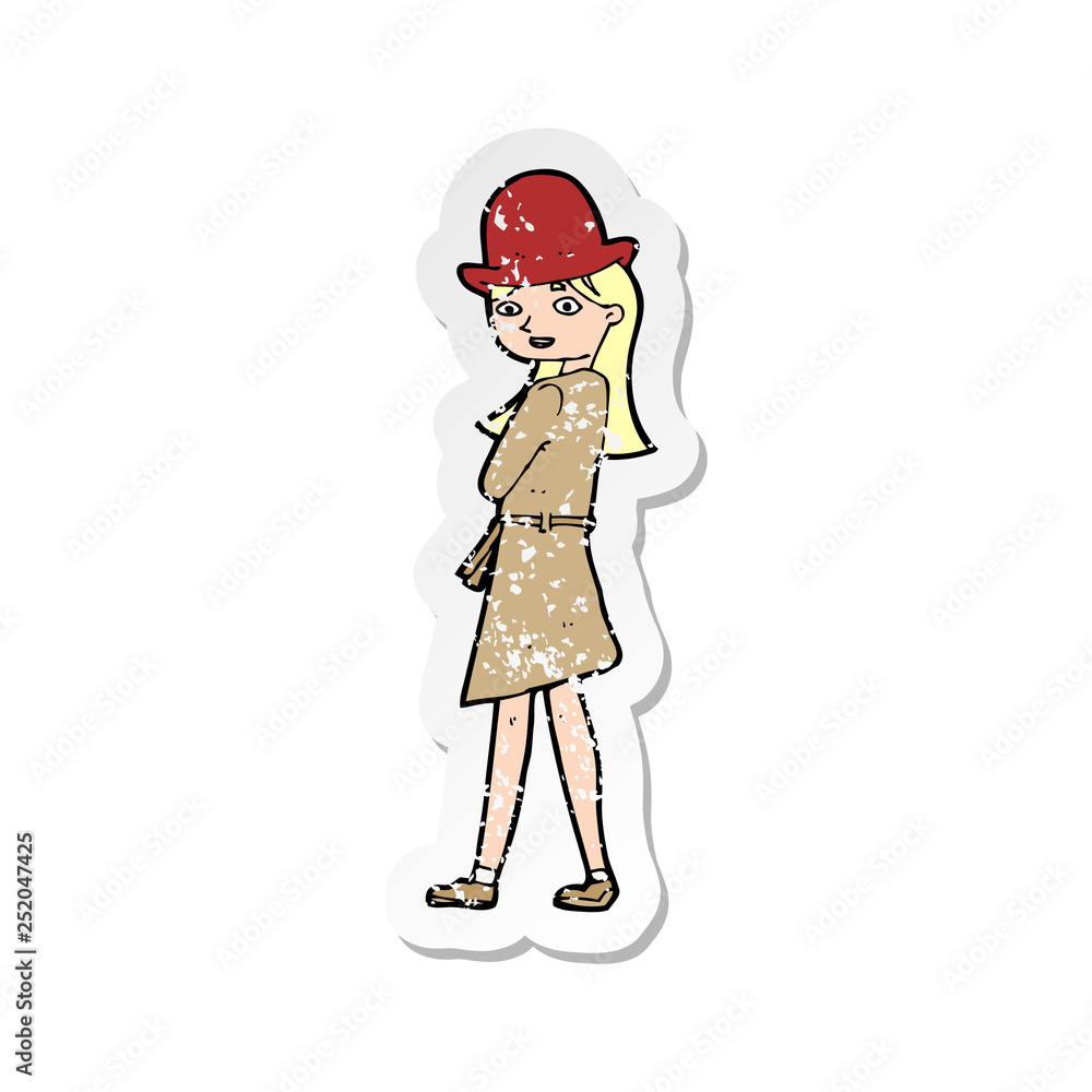 retro distressed sticker of a cartoon female spy retro distressed sticker of a cartoon female spy