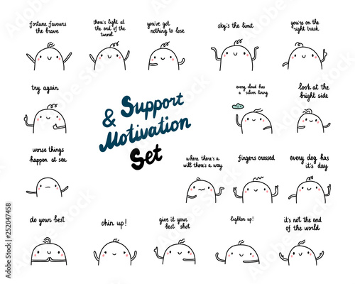 Support and motivation set hand drawn illustrations with cute marshmallow