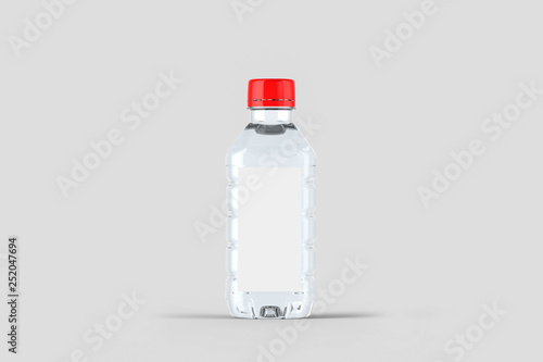 Plastic Bottle of pure Water with Blank Tag on soft gray background. 3D rendering. Realistic Mock up.